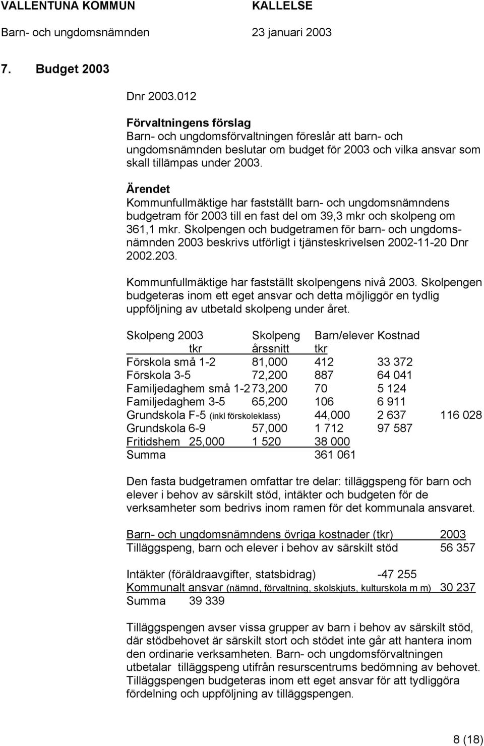 Skolpengen och budgetramen för barn- och ungdomsnämnden 2003 beskrivs utförligt i tjänsteskrivelsen 2002-11-20 Dnr 2002.203. Kommunfullmäktige har fastställt skolpengens nivå 2003.