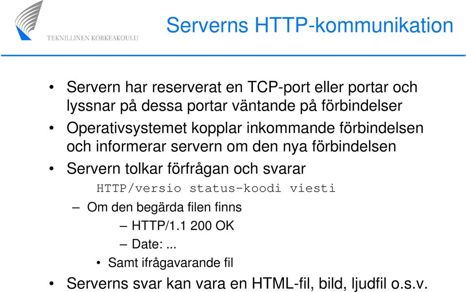 nya förbindelsen Servern tolkar förfrågan och svarar HTTP/versio status-koodi viesti Om den begärda filen