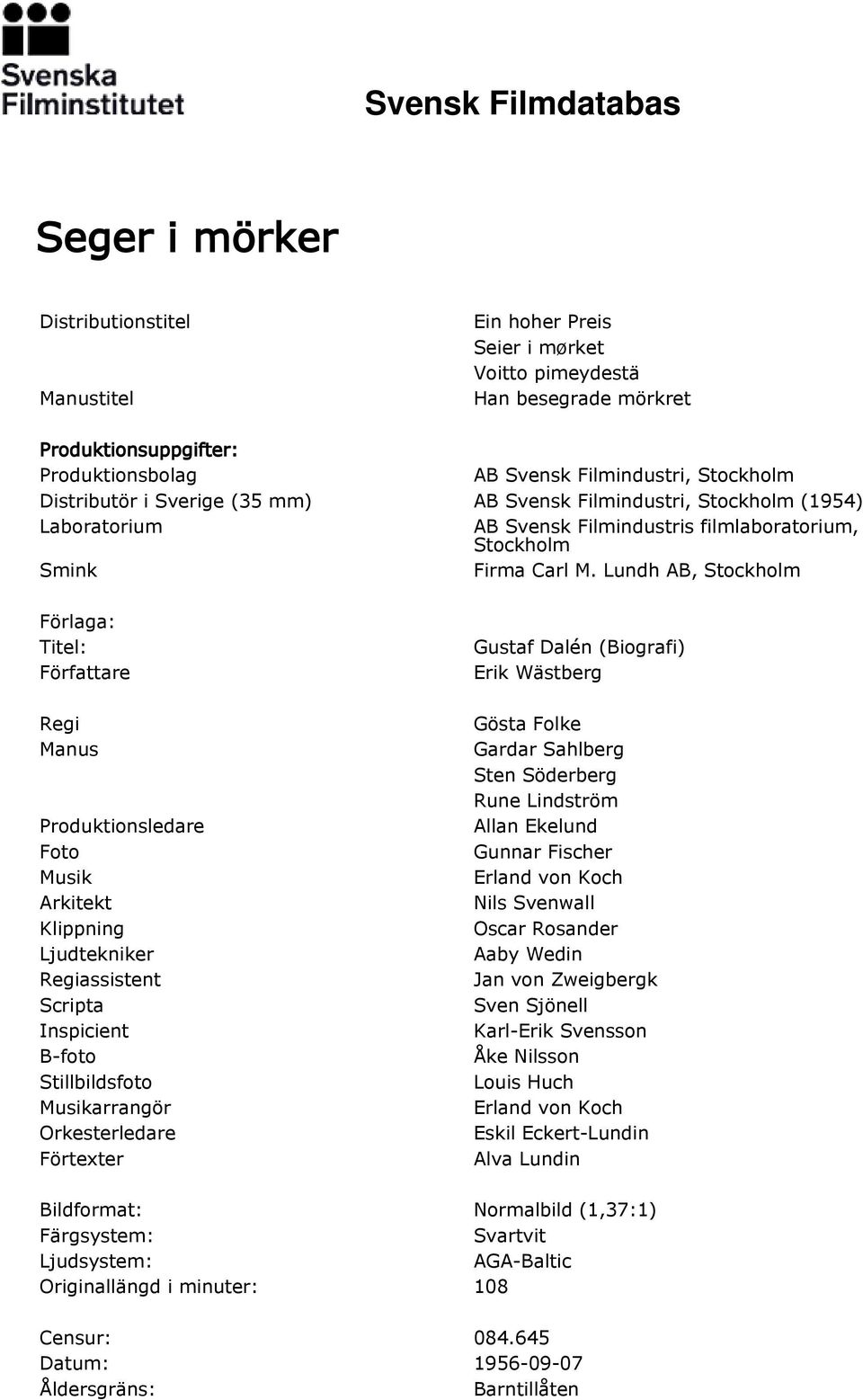 Lundh AB, Stockholm Förlaga: Författare Regi Manus Produktionsledare Foto Musik Arkitekt Klippning Ljudtekniker Regiassistent Scripta Inspicient B-foto Stillbildsfoto Musikarrangör Orkesterledare
