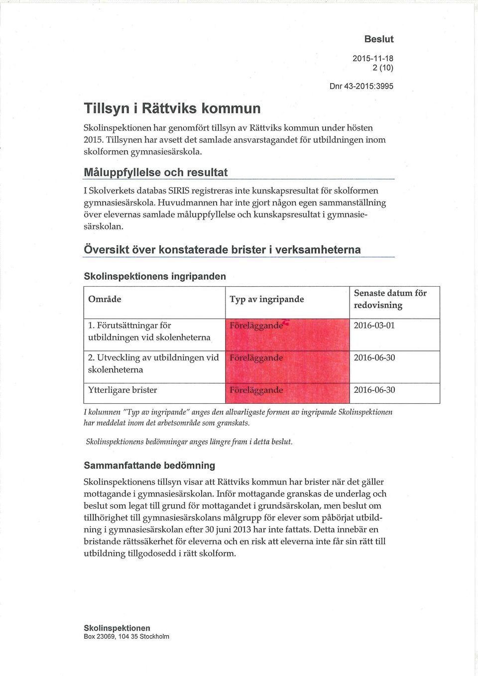 Huvudmannen har inte gjort någon egen sammanställning över elevernas samlade måluppfyllelse och kunskapsresultat i gynutasiesärskolan.