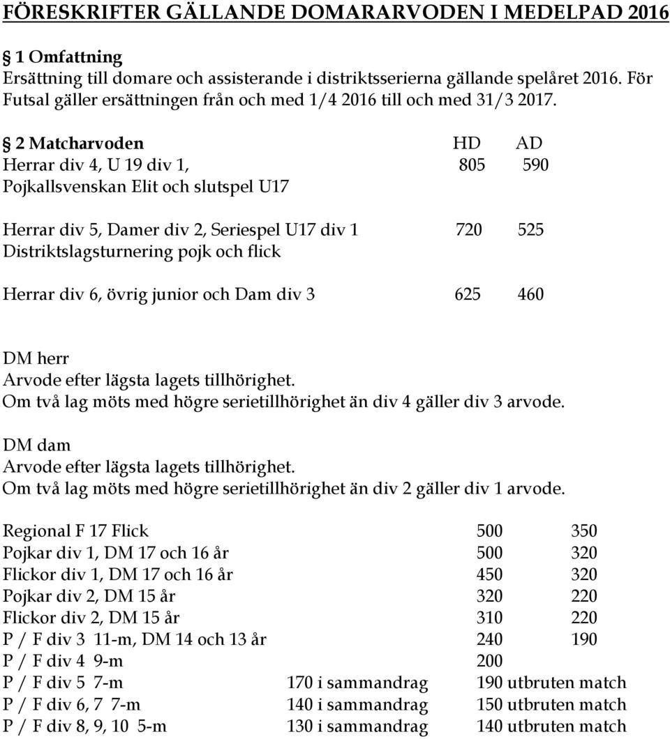 2 Matcharvoden HD AD Herrar div 4, U 19 div 1, 805 590 Pojkallsvenskan Elit och slutspel U17 Herrar div 5, Damer div 2, Seriespel U17 div 1 720 525 Distriktslagsturnering pojk och flick Herrar div 6,