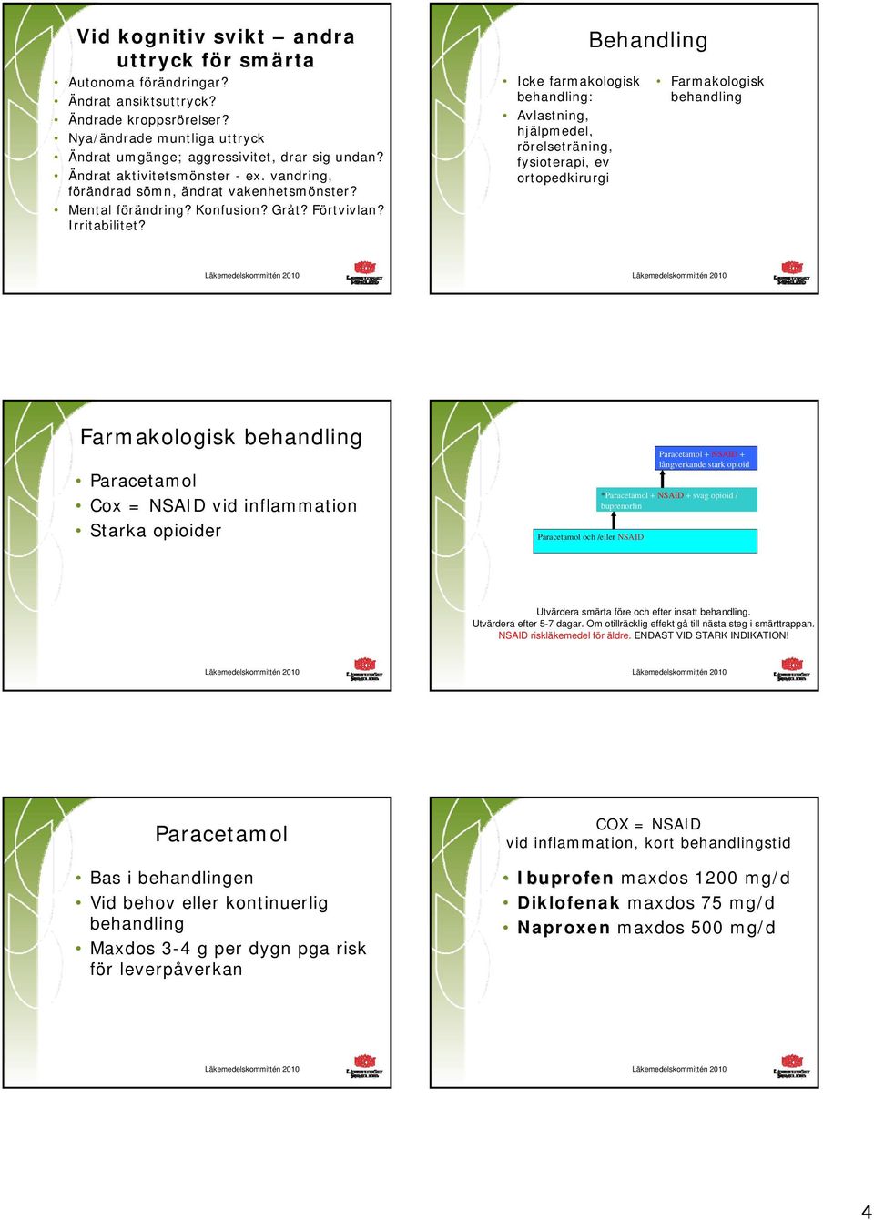 Icke farmakologisk behandling: Avlastning, hjälpmedel, rörelseträning, fysioterapi, ev ortopedkirurgi Behandling Farmakologisk behandling Farmakologisk behandling Paracetamol Cox = NSAID vid