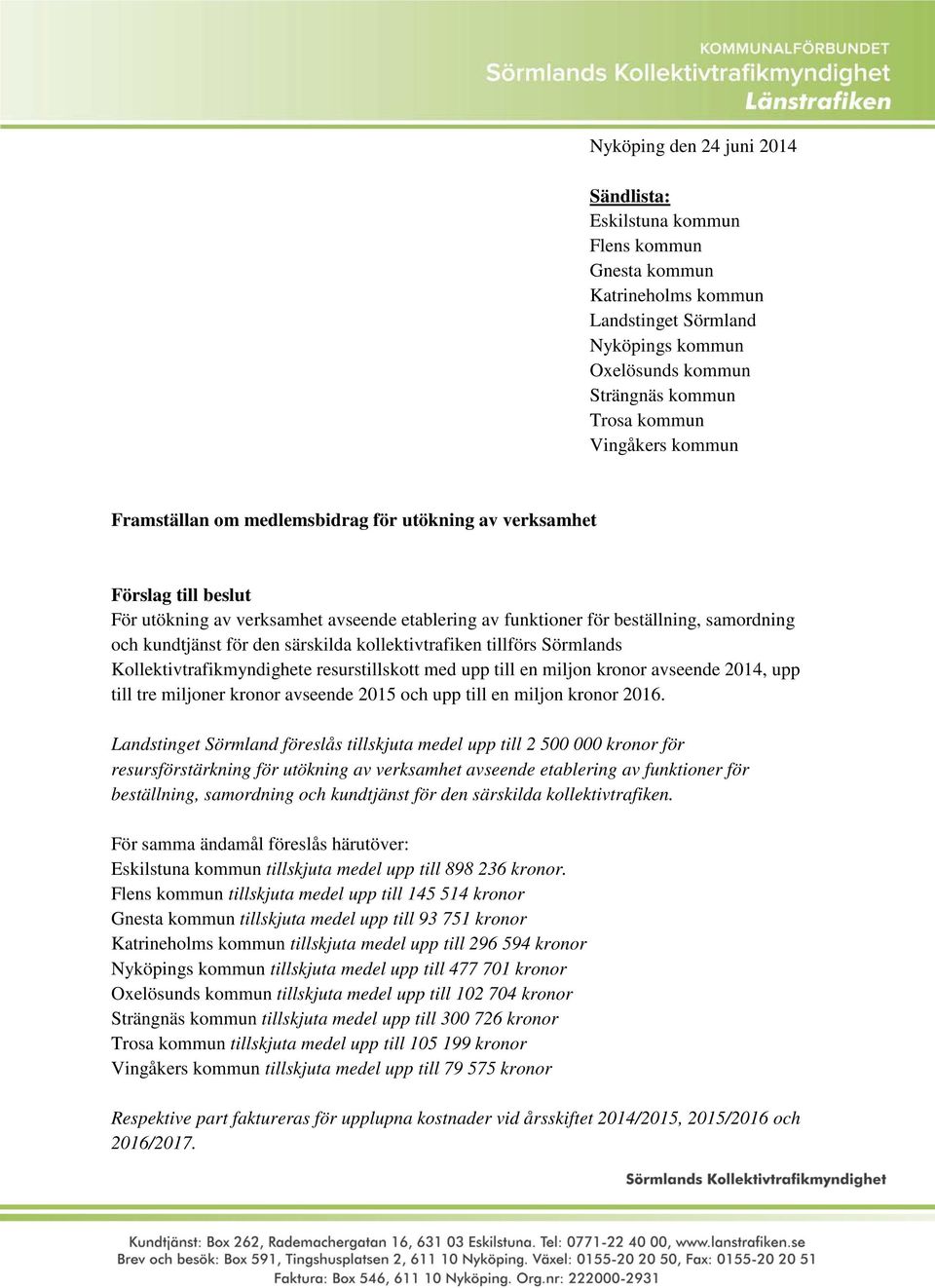 särskilda kollektivtrafiken tillförs Sörmlands Kollektivtrafikmyndighete resurstillskott med upp till en miljon kronor avseende 2014, upp till tre miljoner kronor avseende 2015 och upp till en miljon