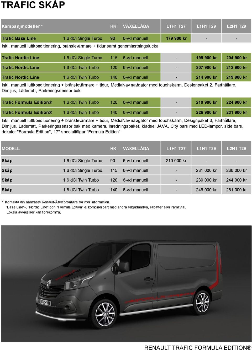 6 dci Twin Turbo 120 6-vxl manuell - 207 900 kr 212 900 kr Trafic Nordic Line 1.6 dci Twin Turbo 140 6-vxl manuell - 214 900 kr 219 900 kr Inkl.