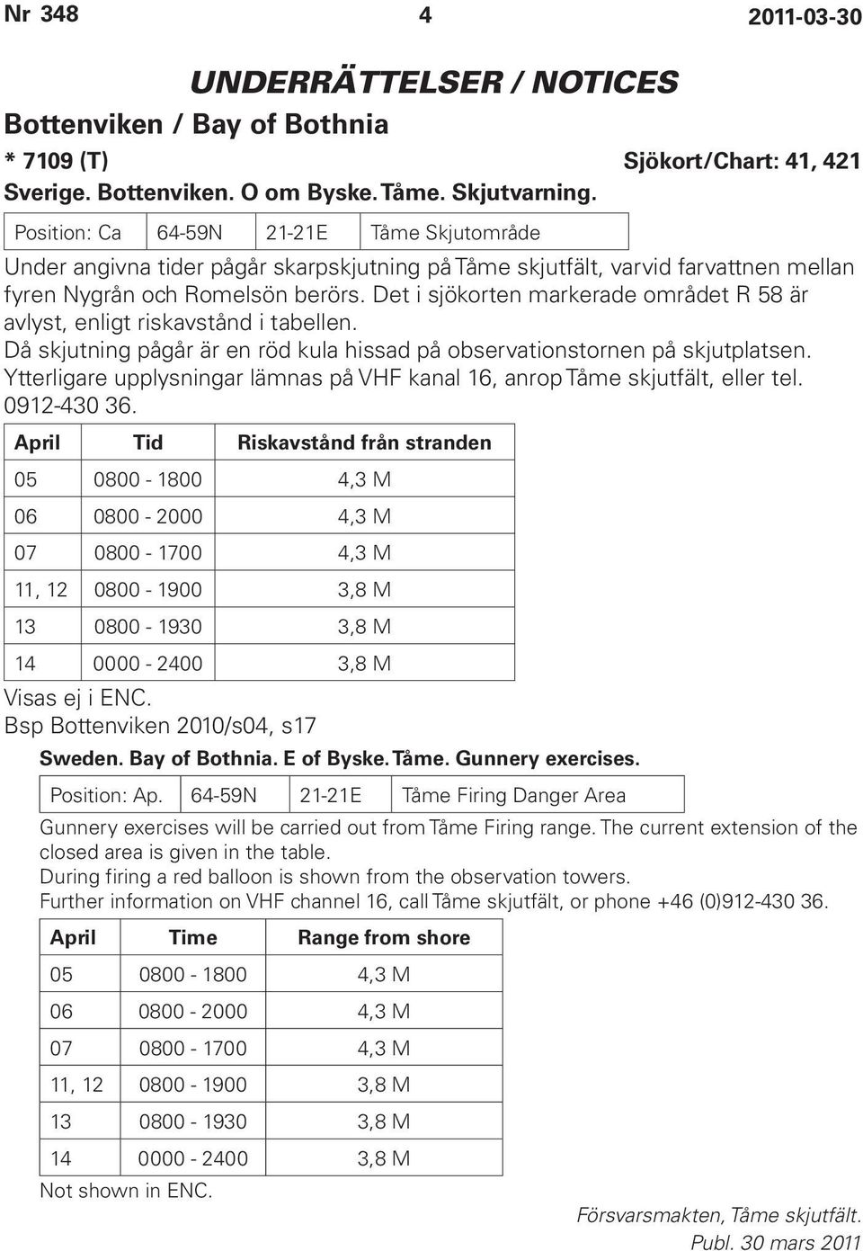 Det i sjökorten markerade området R 58 är avlyst, enligt riskavstånd i tabellen. Då skjutning pågår är en röd kula hissad på observationstornen på skjutplatsen.