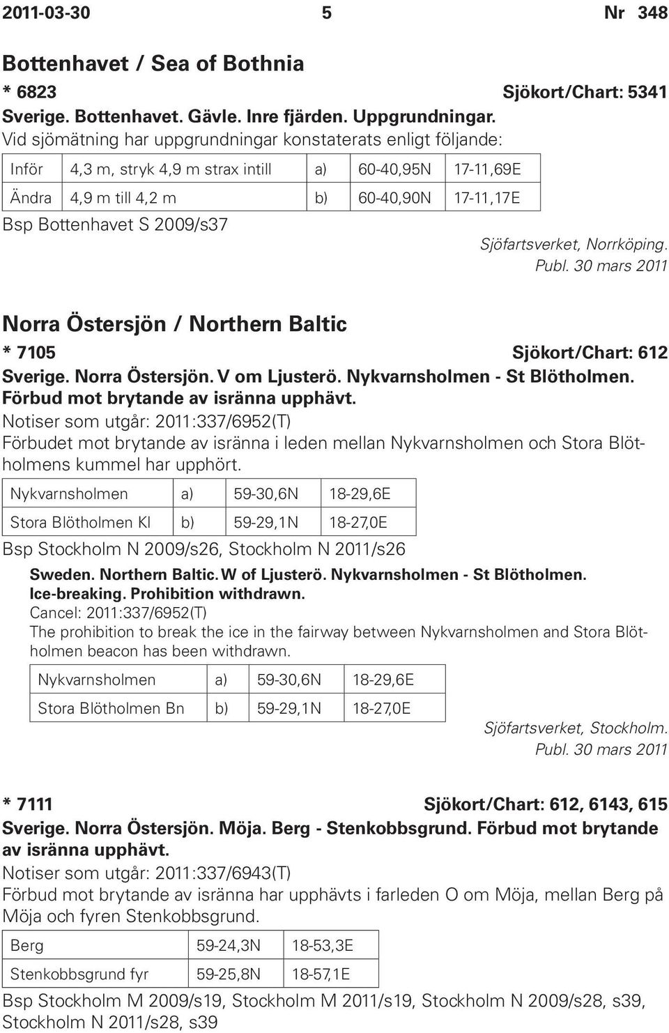 Sjöfartsverket, Norrköping. Publ. 30 mars 2011 Norra Östersjön / Northern Baltic * 7105 Sjökort/Chart: 612 Sverige. Norra Östersjön. V om Ljusterö. Nykvarnsholmen - St Blötholmen.