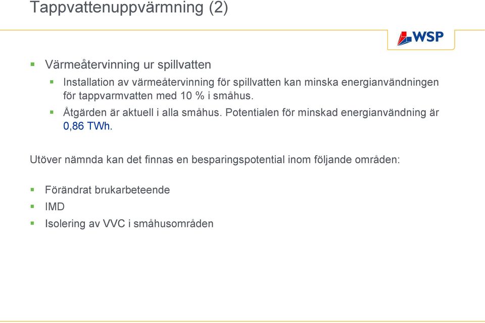 Åtgärden är aktuell i alla småhus. Potentialen för minskad energianvändning är 0,86 TWh.