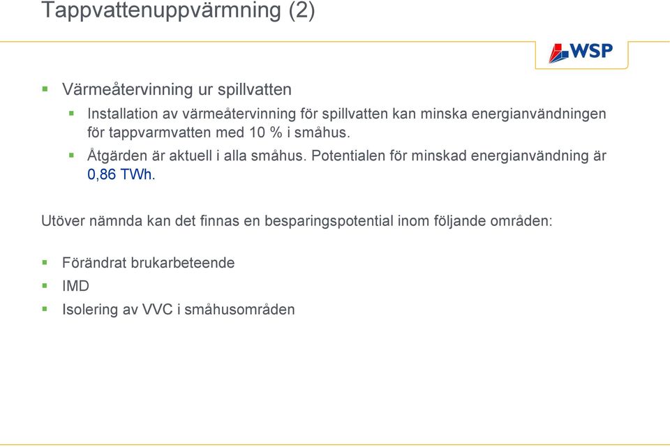 Åtgärden är aktuell i alla småhus. Potentialen för minskad energianvändning är 0,86 TWh.