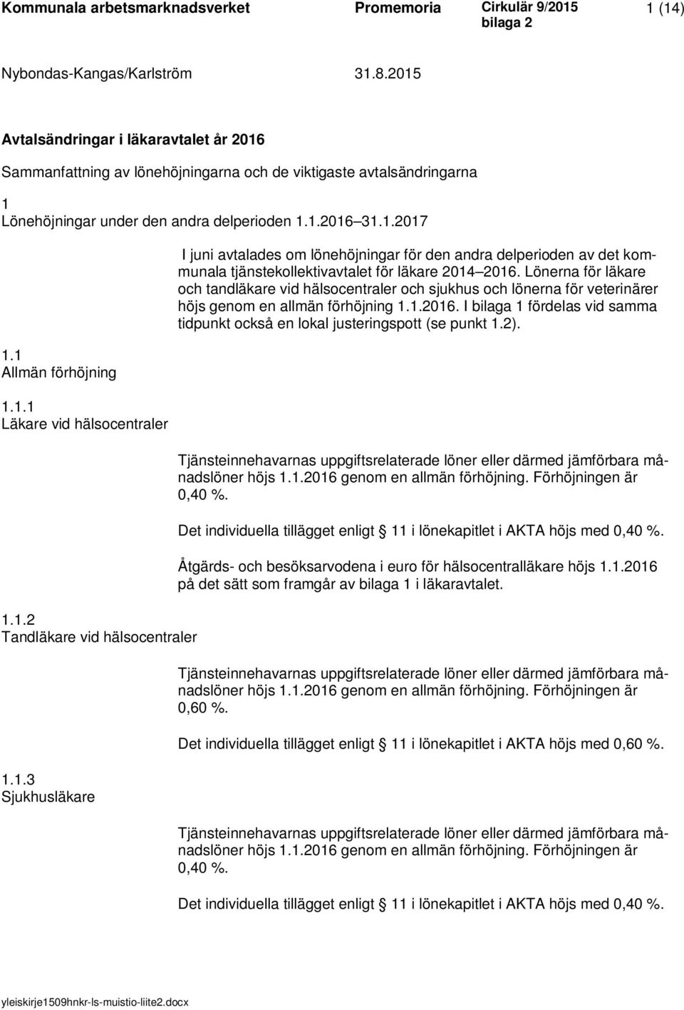 Lönerna för läkare och tandläkare vid hälsocentraler och sjukhus och lönerna för veterinärer höjs genom en allmän förhöjning 1.1.2016.