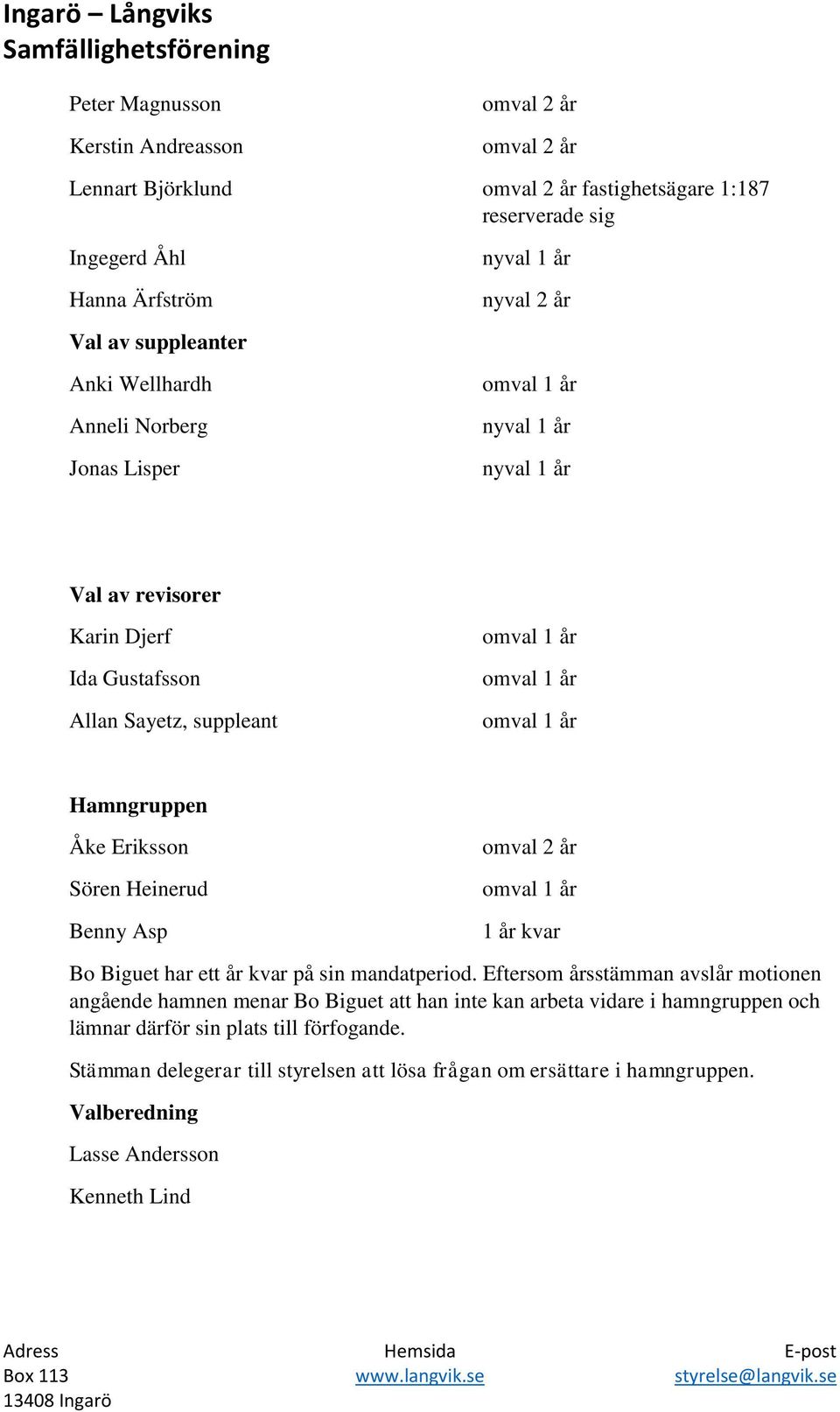 Heinerud Benny Asp omval 2 år 1 år kvar Bo Biguet har ett år kvar på sin mandatperiod.