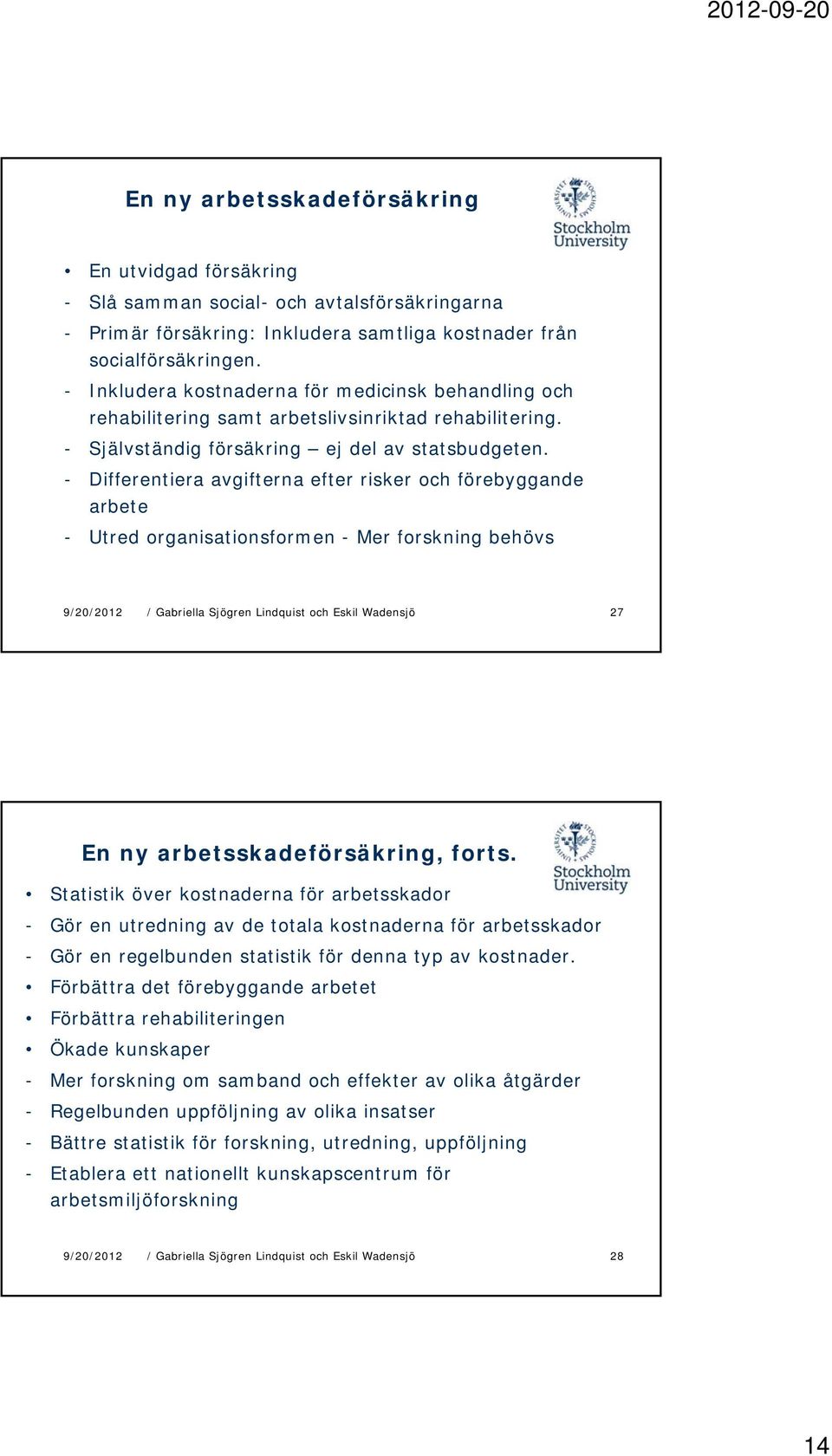 - Differentiera avgifterna efter risker och förebyggande arbete - Utred organisationsformen - Mer forskning behövs 27 En ny arbetsskadeförsäkring, forts.