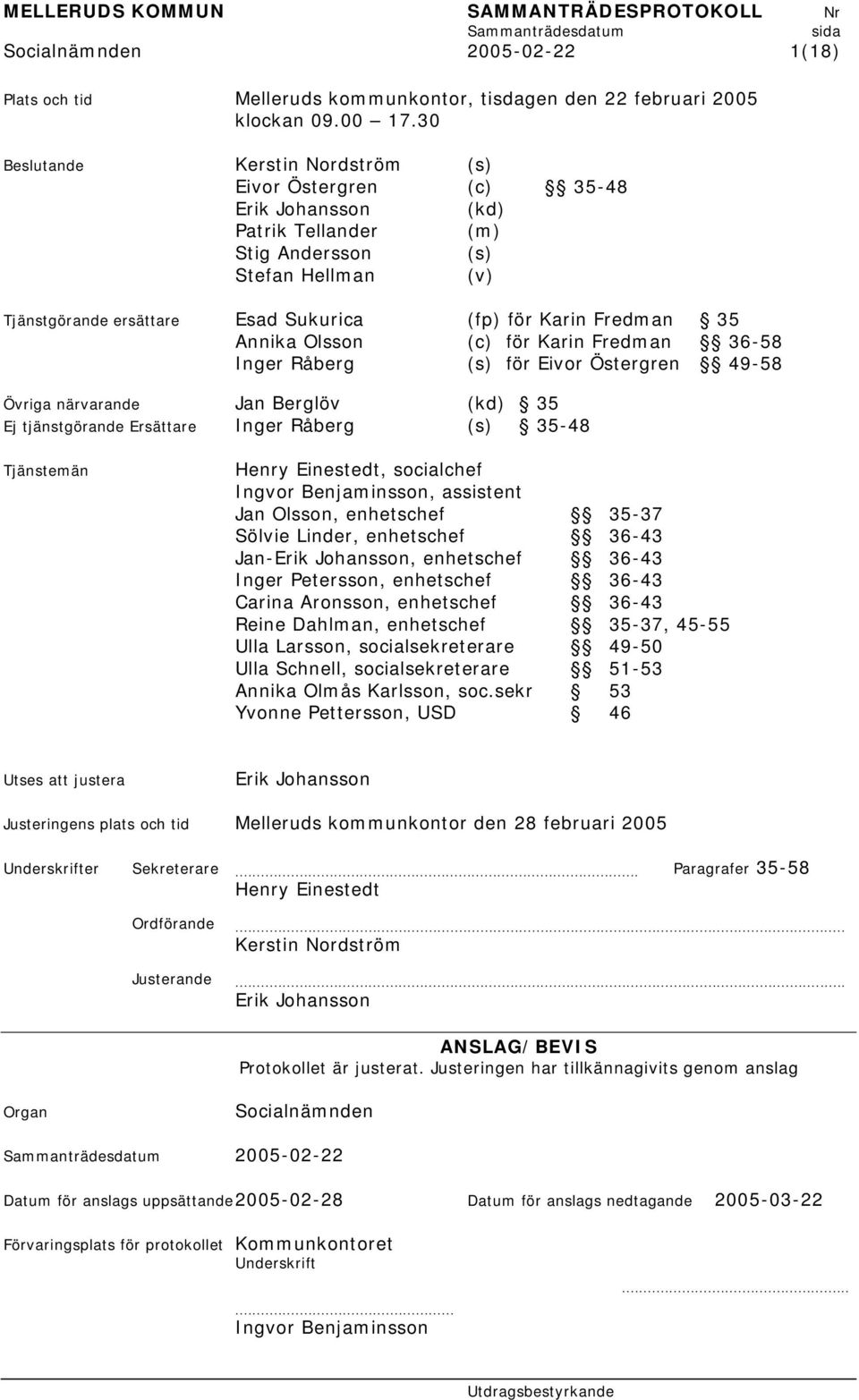 Fredman 35 Annika Olsson (c) för Karin Fredman 36-58 Inger Råberg (s) för Eivor Östergren 49-58 Övriga närvarande Jan Berglöv (kd) 35 Ej tjänstgörande Ersättare Inger Råberg (s) 35-48 Tjänstemän