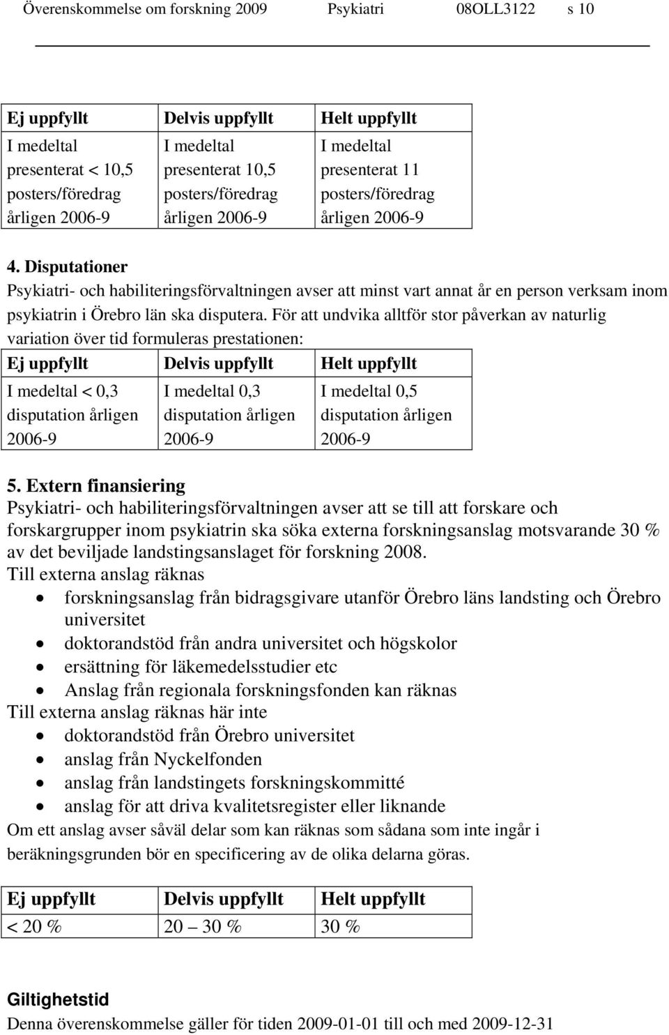 För att undvika alltför stor påverkan av naturlig variation över tid formuleras prestationen: Ej uppfyllt Delvis uppfyllt Helt uppfyllt I medeltal < 0,3 disputation årligen I medeltal 0,3 disputation