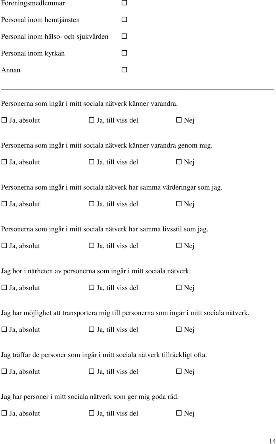 Ja, absolut Ja, till viss del Nej Personerna som ingår i mitt sociala nätverk har samma värderingar som jag.