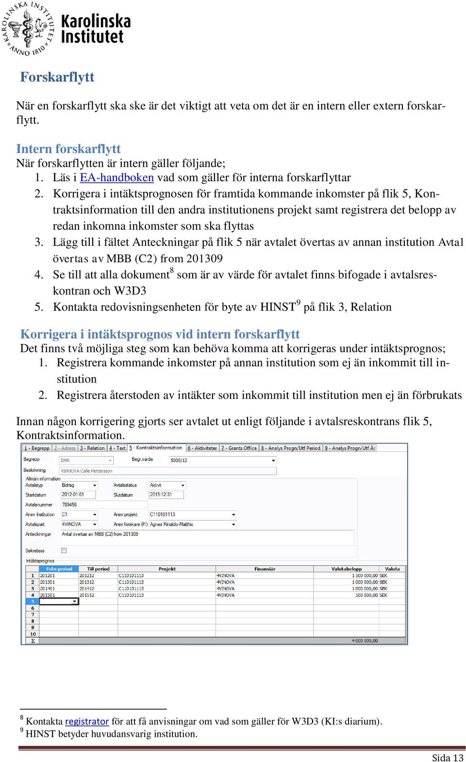 Korrigera i intäktsprognosen för framtida kommande inkomster på flik 5, Kontraktsinformation till den andra institutionens projekt samt registrera det belopp av redan inkomna inkomster som ska