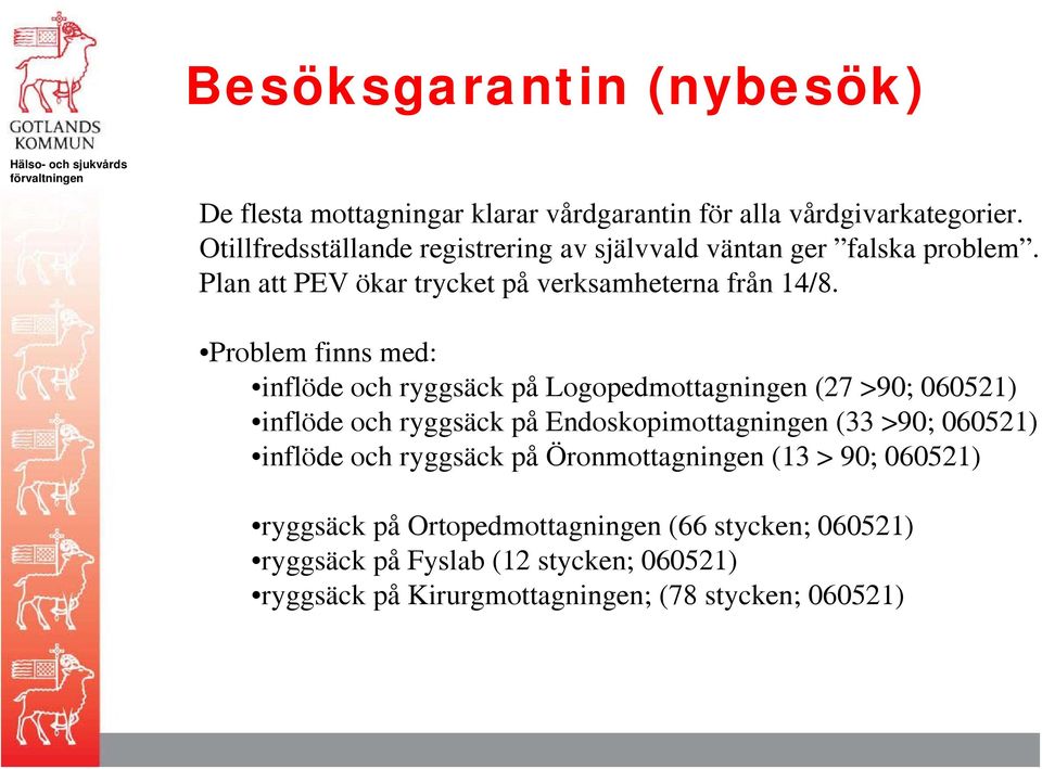 Problem finns med: inflöde och ryggsäck på Logopedmottagningen (27 >90; 060521) inflöde och ryggsäck på Endoskopimottagningen (33 >90; 060521)