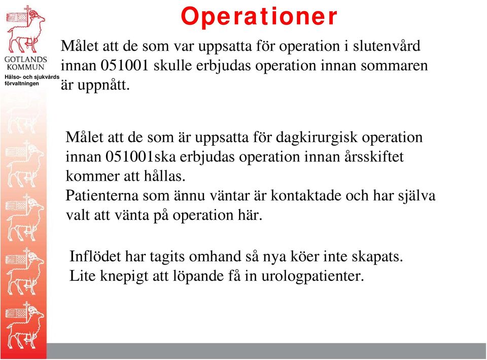 Målet att de som är uppsatta för dagkirurgisk operation innan 051001ska erbjudas operation innan årsskiftet