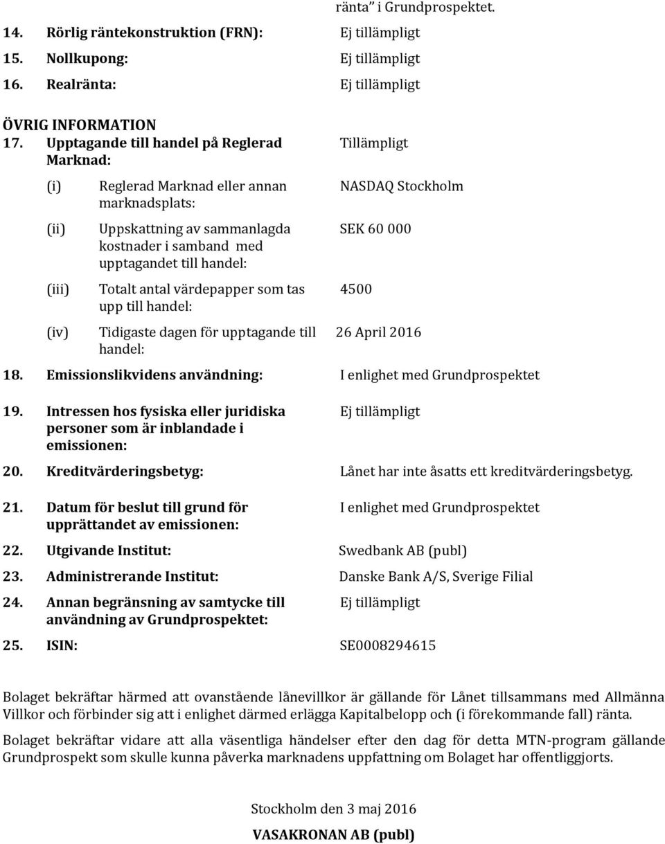 värdepapper som tas upp till handel: Tidigaste dagen för upptagande till handel: Tillämpligt NASDAQ Stockholm SEK 60 000 4500 26 April 2016 18.