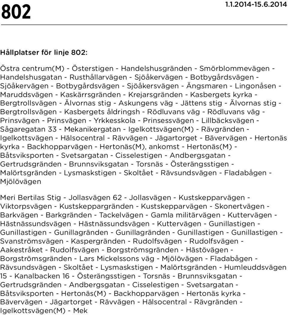 Älvornas stig - Bergtrollsvägen - Kasbergets åldringsh - Rödluvans väg - Rödluvans väg - Prinsvägen - Prinsvägen - Yrkkesskola - Prinsessvägen - Lillbäcksvägen - Sågaregatan 33 - Mekanikergatan -