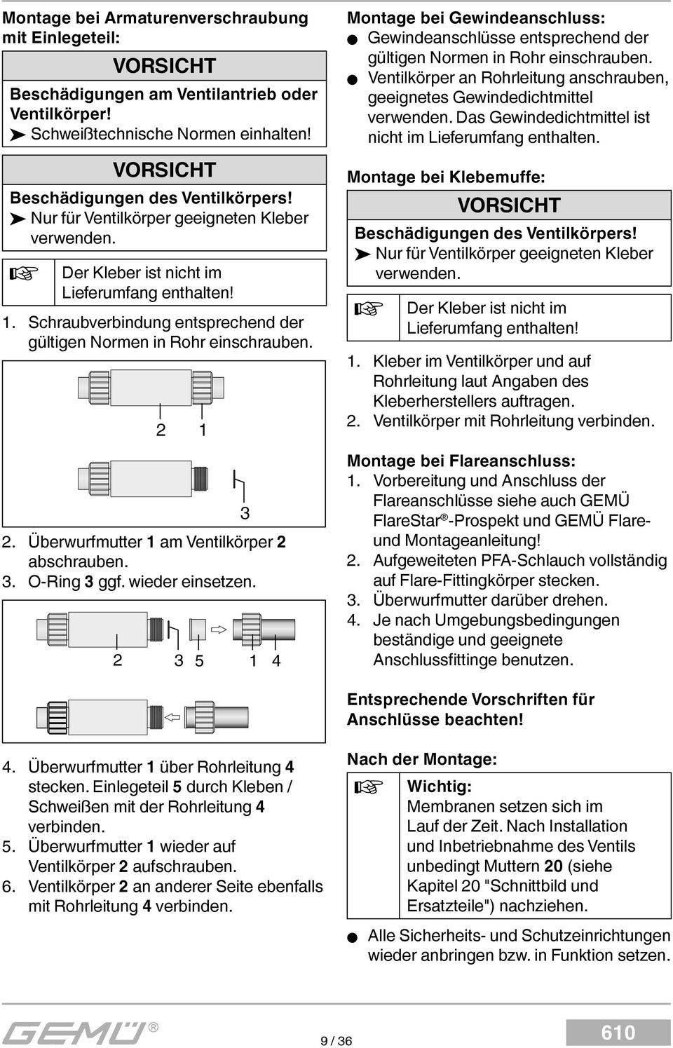 Überwurfmutter 1 am Ventilkörper 2 abschrauben. 3. O-Ring 3 ggf. wieder einsetzen.
