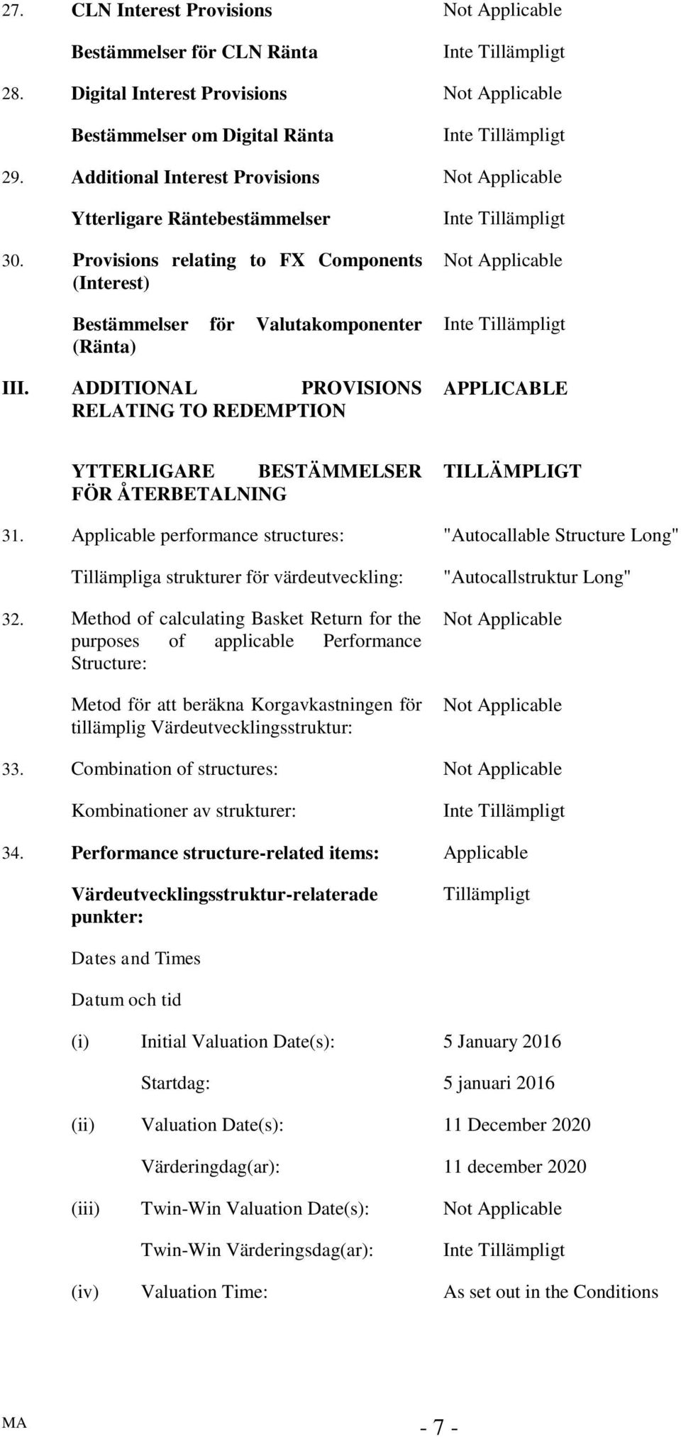 ADDITIONAL PROVISIONS RELATING TO REDEMPTION APPLICABLE YTTERLIGARE BESTÄMMELSER FÖR ÅTERBETALNING TILLÄMPLIGT 31.