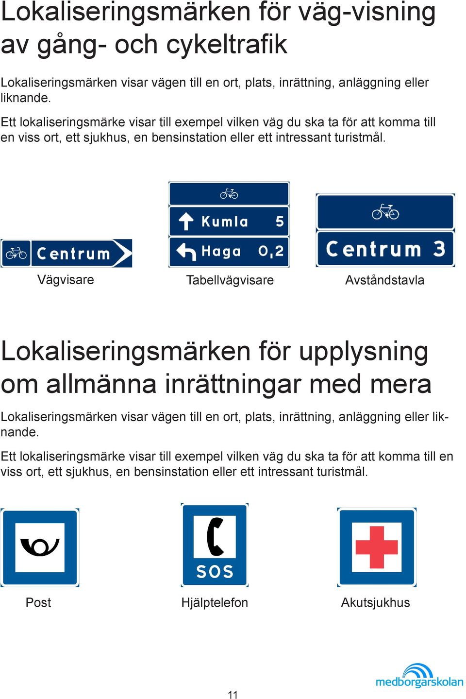 Vägvisare Tabellvägvisare Avståndstavla Lokaliseringsmärken för upplysning om allmänna inrättningar med mera Lokaliseringsmärken visar vägen till en ort, plats, inrättning,