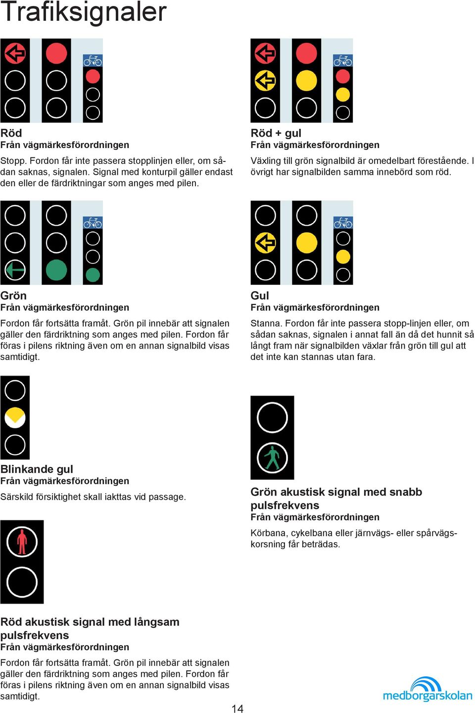 Grön pil innebär att signalen gäller den färdriktning som anges med pilen. Fordon får föras i pilens riktning även om en annan signalbild visas samtidigt. Gul Stanna.