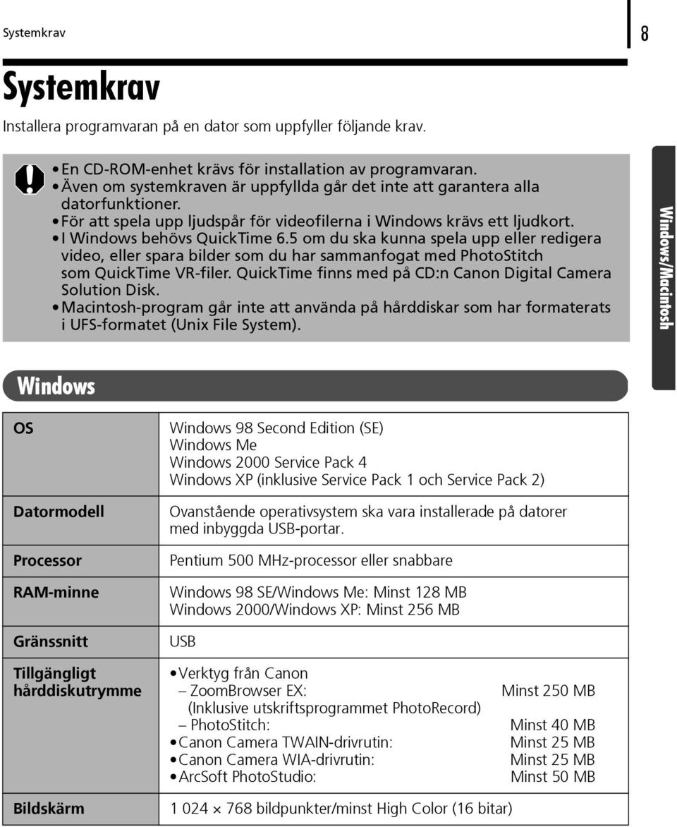 5 om du ska kunna spela upp eller redigera video, eller spara bilder som du har sammanfogat med PhotoStitch som QuickTime VR-filer. QuickTime finns med på CD:n Canon Digital Camera Solution Disk.