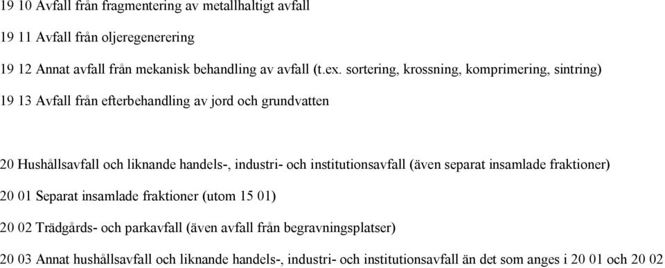 industri- och institutionsavfall (även separat insamlade fraktioner) 20 01 Separat insamlade fraktioner (utom 15 01) 20 02 Trädgårds- och parkavfall