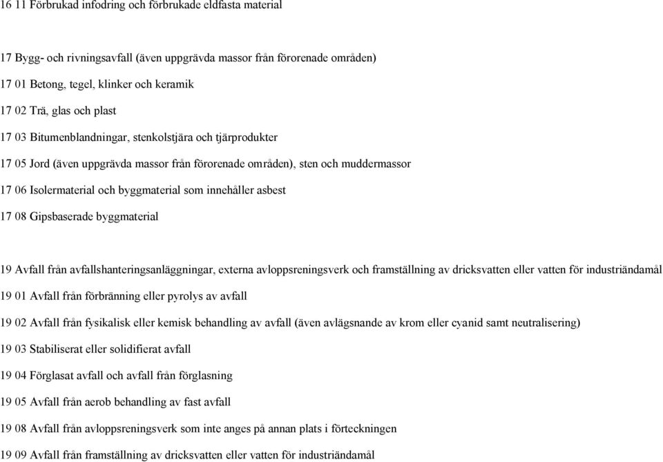 asbest 17 08 Gipsbaserade byggmaterial 19 Avfall från avfallshanteringsanläggningar, externa avloppsreningsverk och framställning av dricksvatten eller vatten för industriändamål 19 01 Avfall från