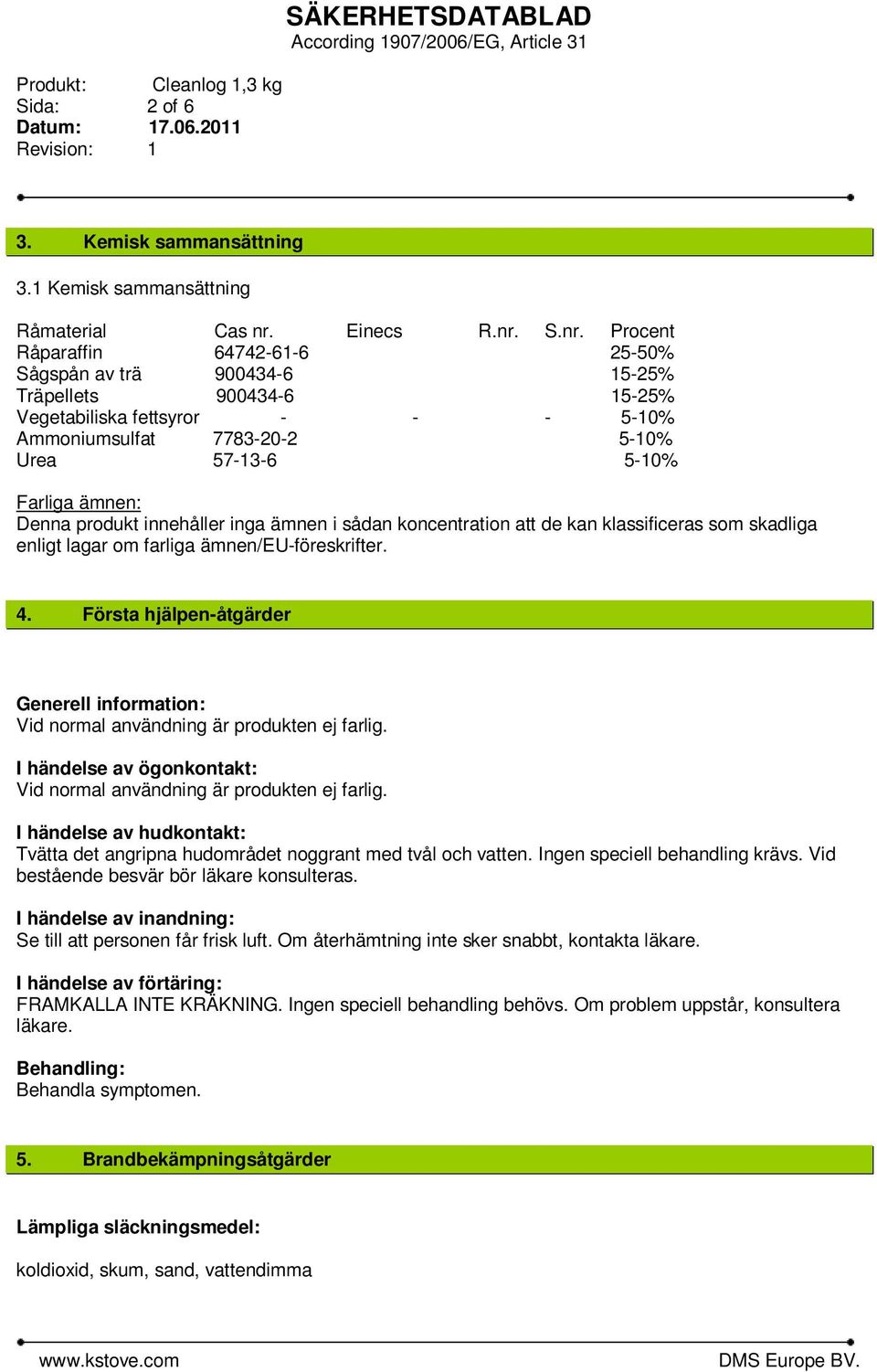 S.nr. Procent Råparaffin 64742-61-6 25-50% Sågspån av trä 900434-6 15-25% Träpellets 900434-6 15-25% Vegetabiliska fettsyror - - - 5-10% Ammoniumsulfat 7783-20-2 5-10% Urea 57-13-6 5-10% Farliga