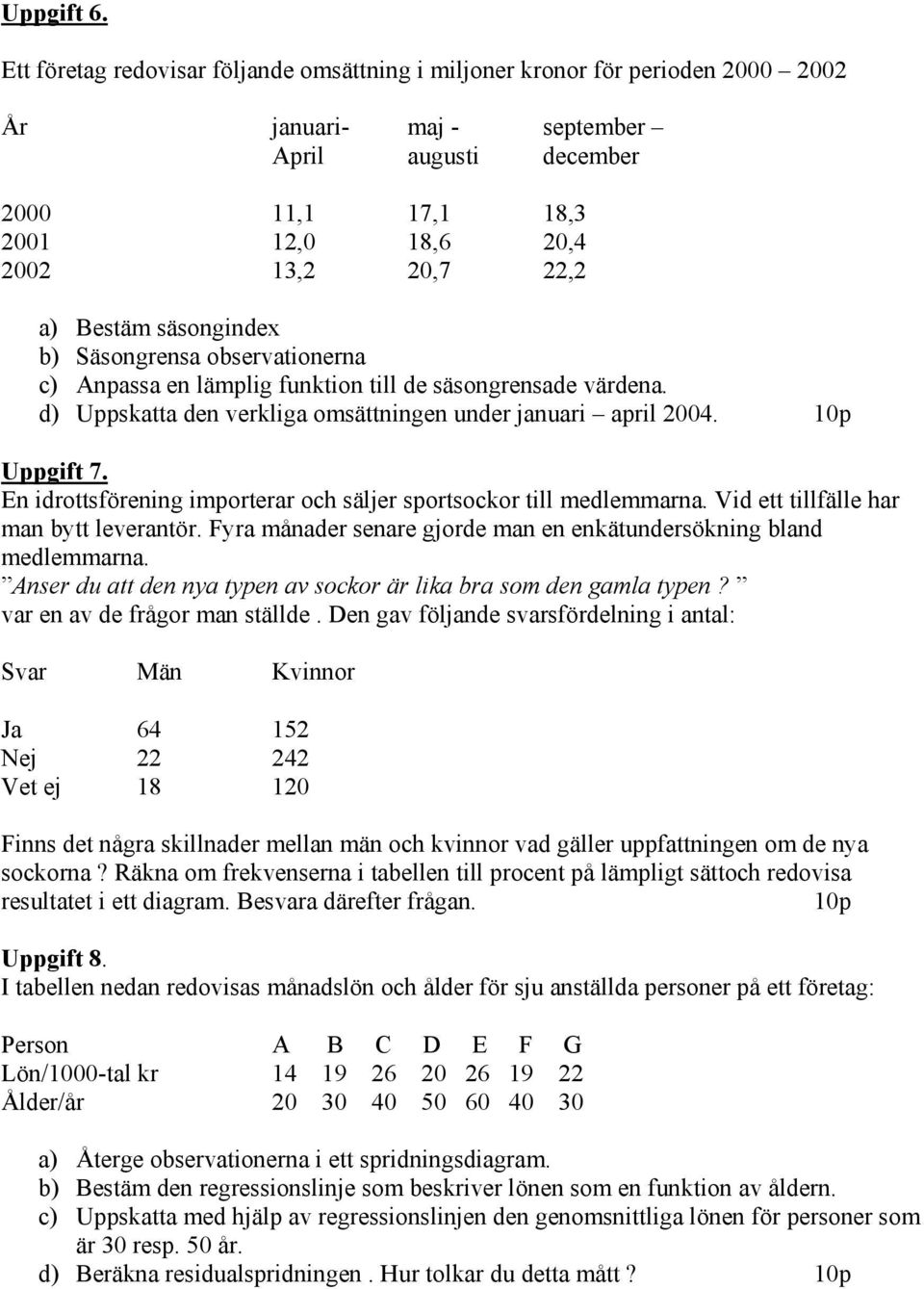 Bestäm säsongindex b) Säsongrensa observationerna c) Anpassa en lämplig funktion till de säsongrensade värdena. d) Uppskatta den verkliga omsättningen under januari april 2004. 10p Uppgift 7.