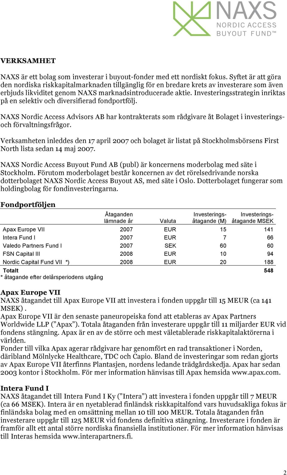 Investeringsstrategin inriktas på en selektiv och diversifierad fondportfölj. NAXS Nordic Access Advisors AB har kontrakterats som rådgivare åt Bolaget i investeringsoch förvaltningsfrågor.