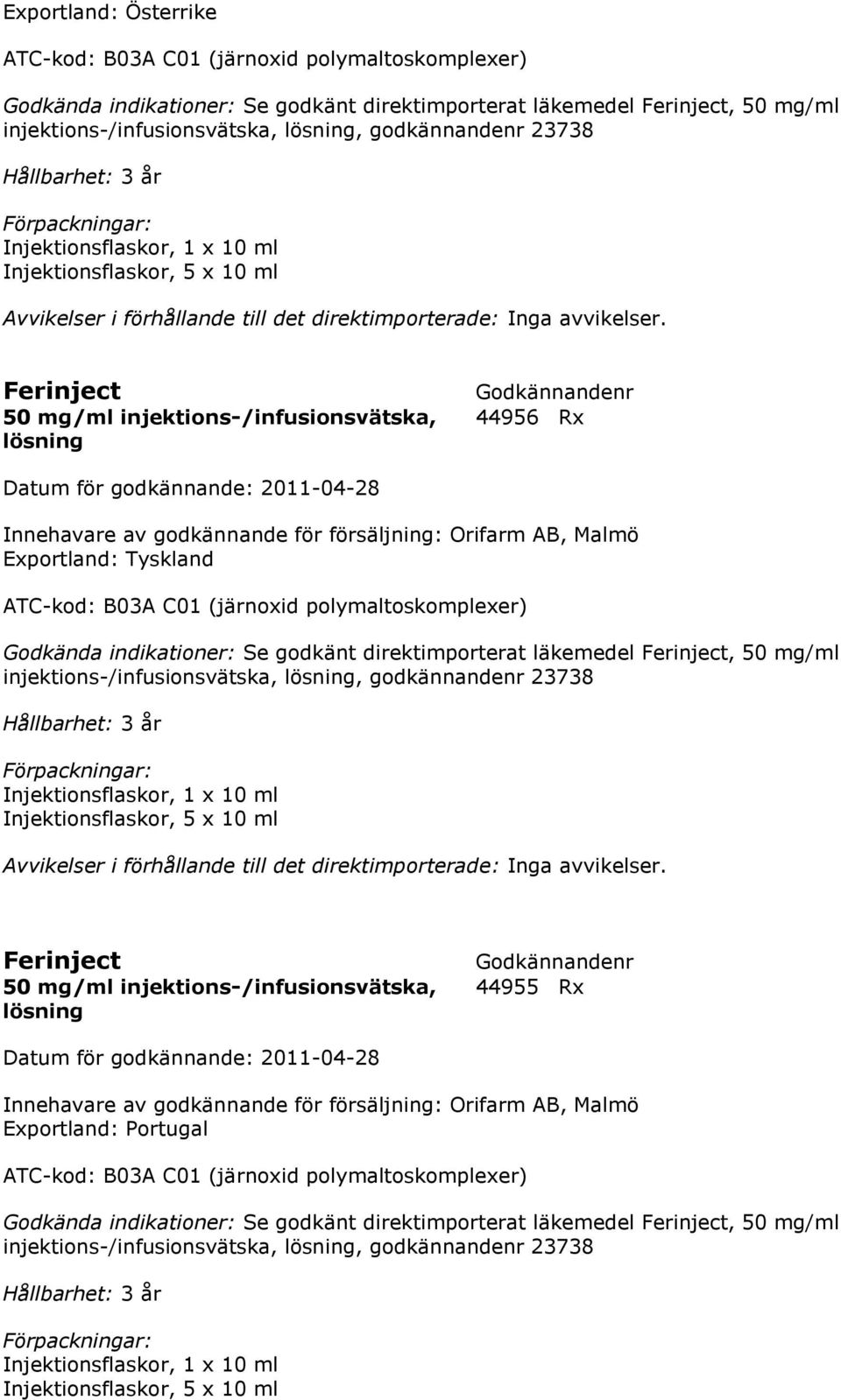 Malmö Exportland: Tyskland ATC-kod: B03A C01 (järnoxid polymaltoskomplexer) Godkända indikationer: Se godkänt direktimporterat läkemedel Ferinject, 50 mg/ml injektions-/infusionsvätska, lösning,