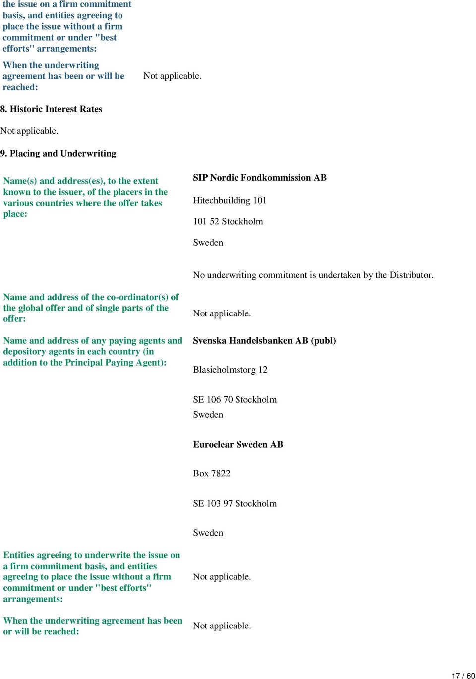 Placing and Underwriting Name(s) and address(es), to the extent known to the issuer, of the placers in the various countries where the offer takes place: SIP Nordic Fondkommission AB Hitechbuilding