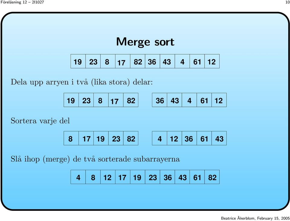 61 12 Sortera varje del 8 17 19 23 82 4 12 36 61 43 Slå ihop