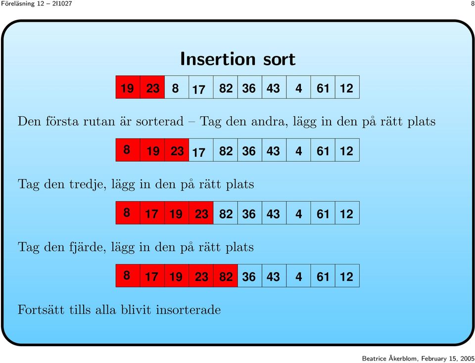 den tredje, lägg in den på rätt plats 8 17 19 23 82 36 43 4 61 12 Tag den fjärde,