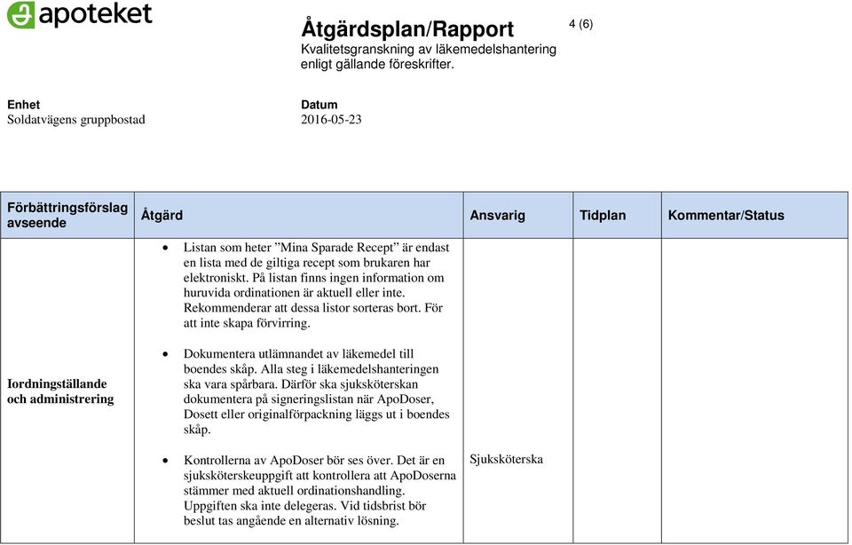 Alla steg i läkemedelshanteringen ska vara spårbara. Därför ska sjuksköterskan dokumentera på signeringslistan när ApoDoser, Dosett eller originalförpackning läggs ut i boendes skåp.