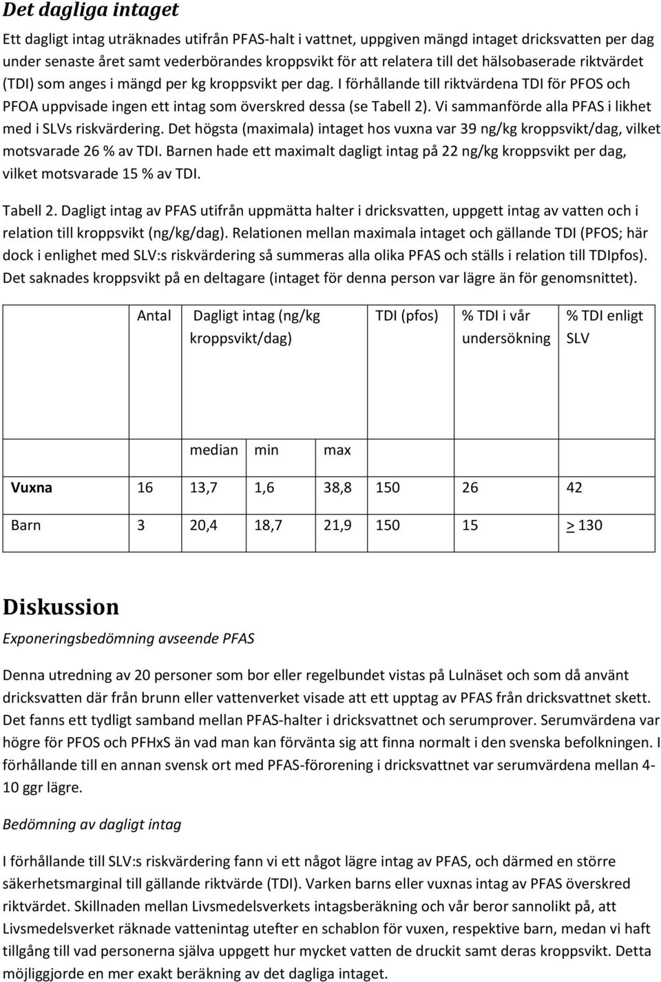 Vi sammanförde alla PFAS i likhet med i SLVs riskvärdering. Det högsta (maximala) intaget hos vuxna var 39 ng/kg kroppsvikt/dag, vilket motsvarade 26 % av TDI.