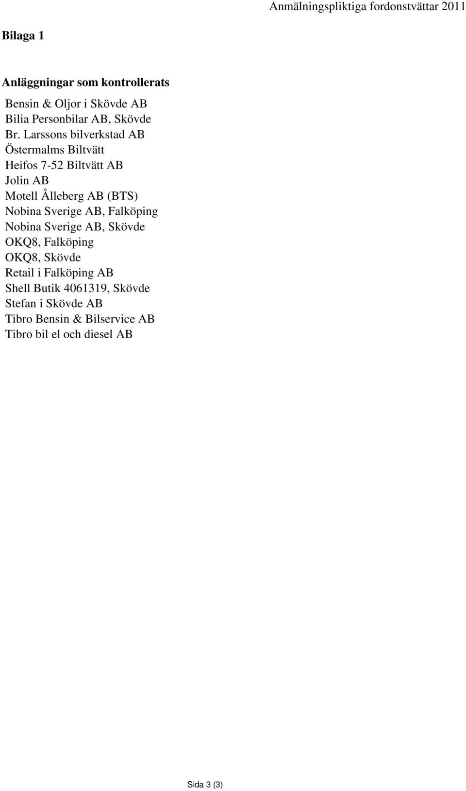Larssons bilverkstad AB Östermalms Biltvätt Heifos 7-52 Biltvätt AB Jolin AB Motell Ålleberg AB (BTS) Nobina