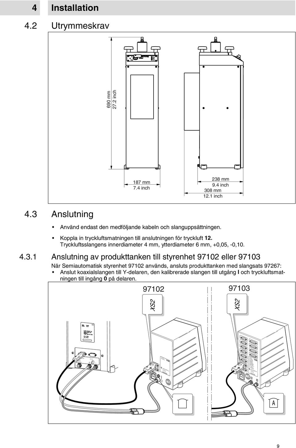 Tryckluftsslangens innerdiameter 4 mm, ytterdiameter 6 mm, +0,05, -0,10. 4.3.