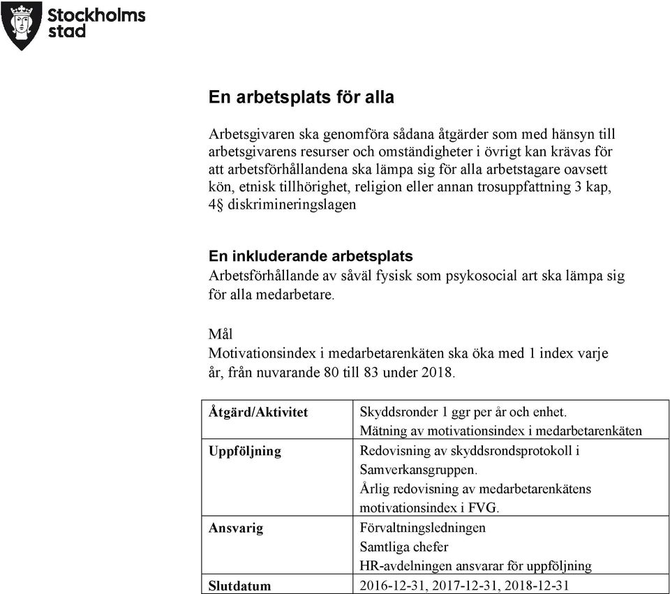 art ska lämpa sig för alla medarbetare. Mål Motivationsindex i medarbetarenkäten ska öka med 1 index varje år, från nuvarande 80 till 83 under 2018.