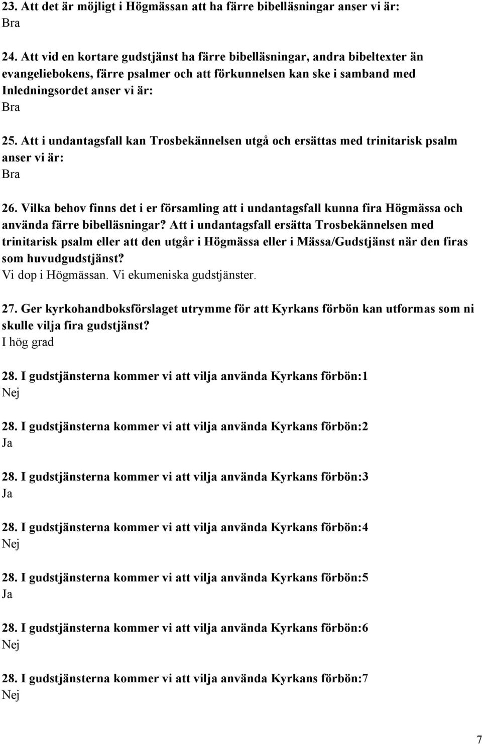 Att i undantagsfall kan Trosbekännelsen utgå och ersättas med trinitarisk psalm anser vi är: Bra 26.