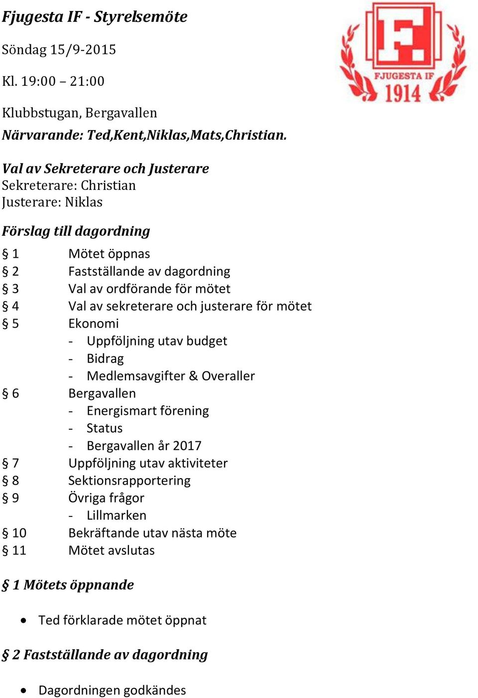 av sekreterare och justerare för mötet 5 Ekonomi - Uppföljning utav budget - Bidrag - Medlemsavgifter & Overaller 6 Bergavallen - Energismart förening - Status - Bergavallen år