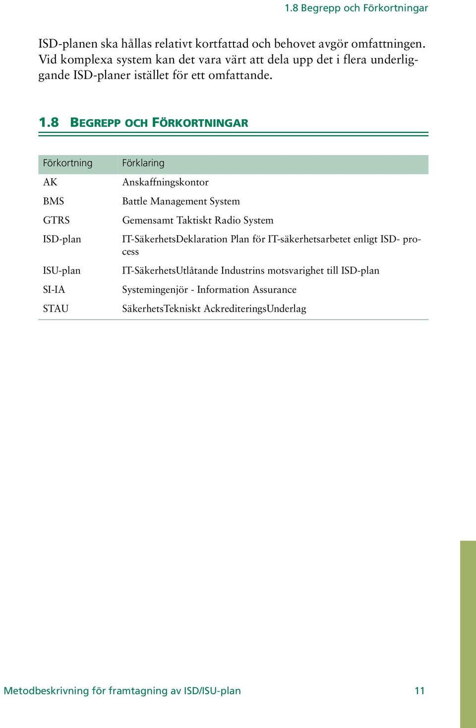 8 BEGREPP OCH FÖRKORTNINGAR Förkortning AK BMS GTRS ISD-plan ISU-plan SI-IA STAU Förklaring Anskaffningskontor Battle Management System Gemensamt Taktiskt Radio