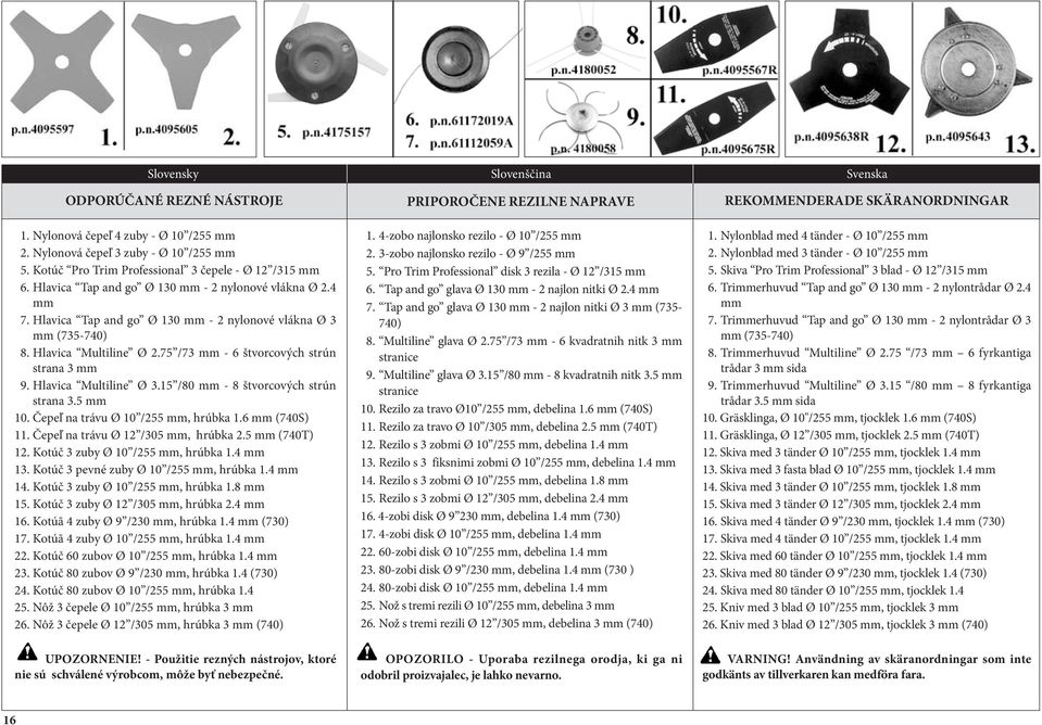 Hlavica Multiline Ø 3.15 /80 mm - 8 štvorcových strún strana 3.5 mm 10. Čepeľ na trávu Ø 10 /255 mm, hrúbka 1.6 mm (740S) 11. Čepeľ na trávu Ø 12 /305 mm, hrúbka 2.5 mm (740T) 12.