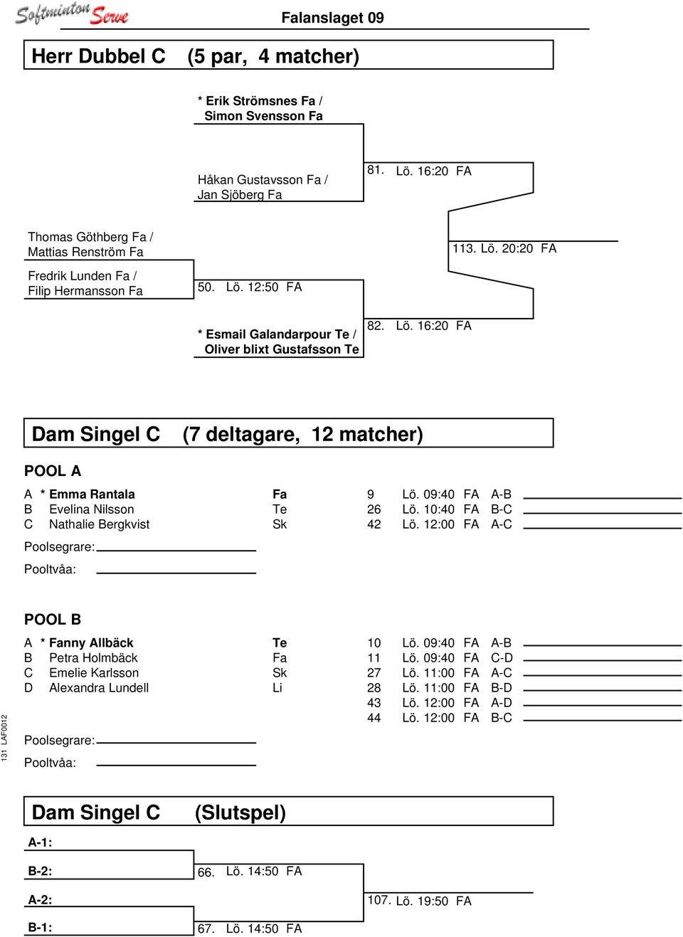 09:40 FA A-B 26 Lö. 10:40 FA B-C 42 Lö. 12:00 FA A-C POOL B A * Fanny Allbäck Te B Petra Holmbäck Fa C Emelie Karlsson Sk D Alexandra Lundell Li 10 Lö. 09:40 FA A-B 11 Lö. 09:40 FA C-D 27 Lö.