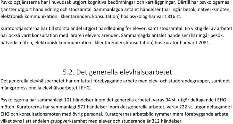 Kuratorstjänsterna har till största andel utgjort handledning för elever, samt stödsamtal. En viktig del av arbetet har också varit konsultation med lärare i elevers ärenden.