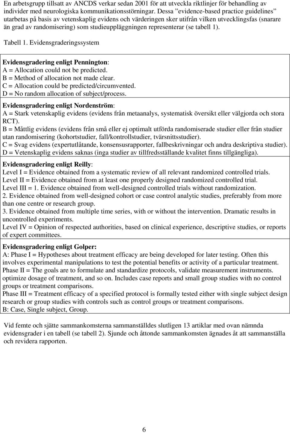 representerar (se tabell 1). Tabell 1. Evidensgraderingssystem Evidensgradering enligt Pennington: A = Allocation could not be predicted. B = Method of allocation not made clear.