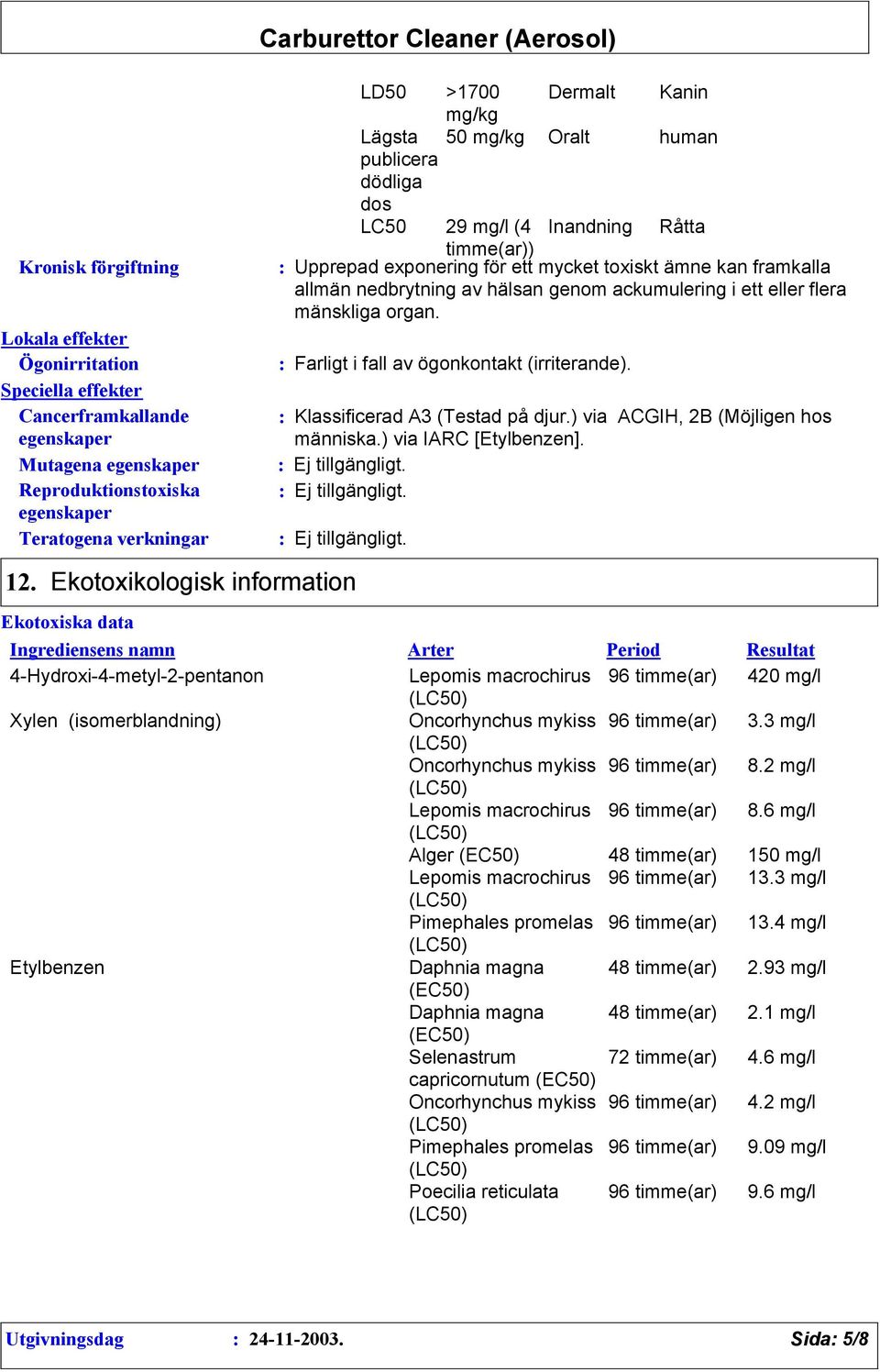 organ. Farligt i fall av ögonkontakt (irriterande). Klassificerad A3 (Testad på djur.) via ACGIH, 2B (Möjligen hos människa.) via IARC [Etylbenzen]. Ej tillgängligt.